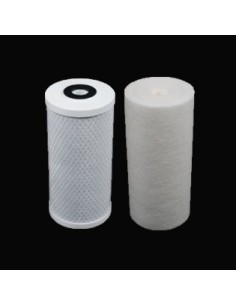 Pack standard pour porte-filtre Bigblue double 10" : une cartouche Spun 1µ et une cartouche charbon-actif en bloc APC